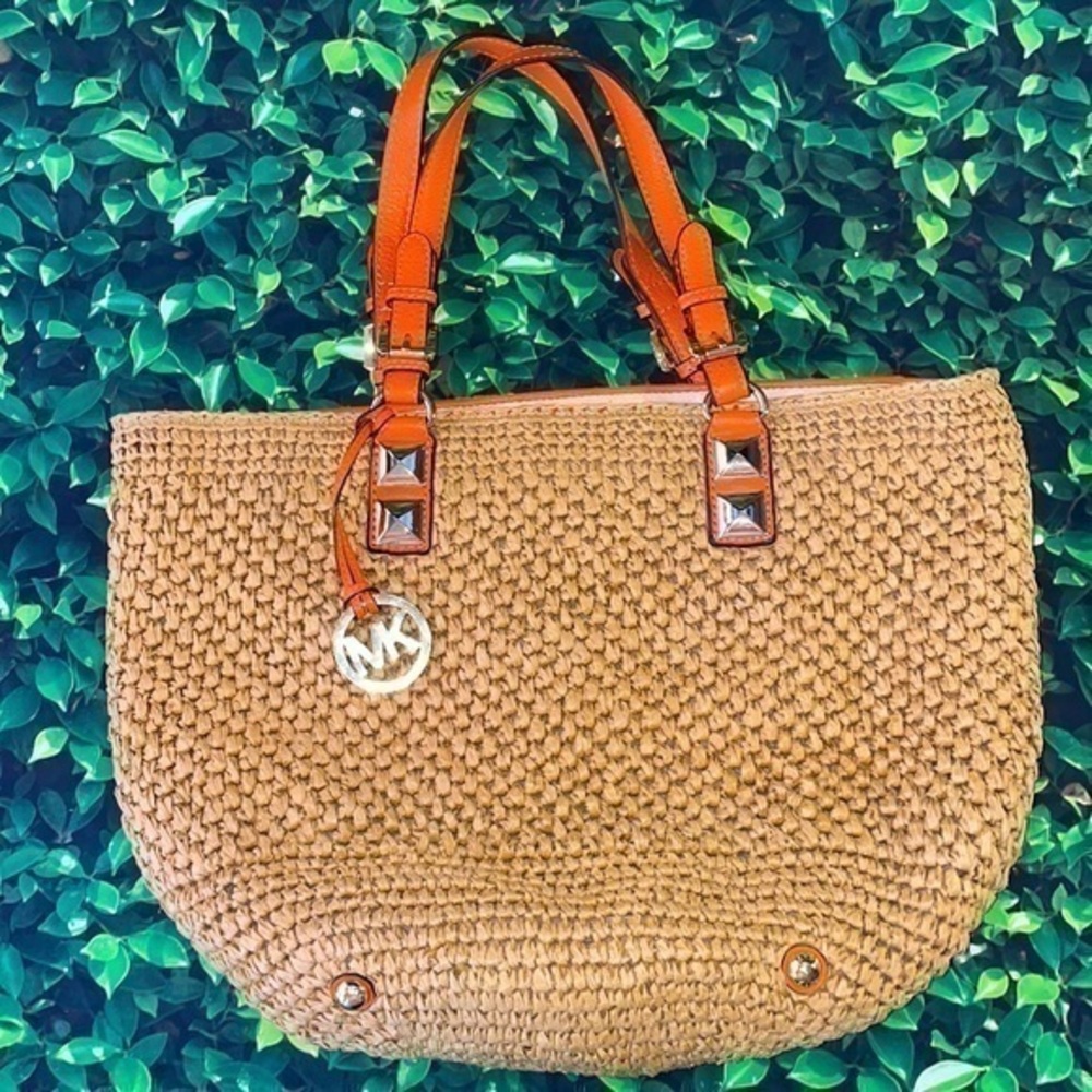 Michael Kors Woven Straw Raffia Bucket Tote Bag Summer Purse Boho Handbag